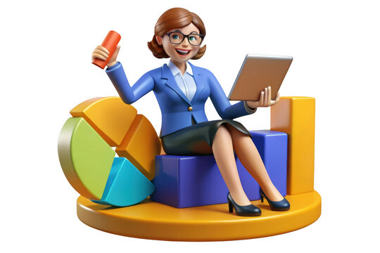 3d cartoon businesswoman analyzing data on tablet and pie chart, finance and investment strategy, isolated on transparent background - Powered by Adobe
