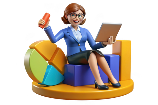 3d cartoon businesswoman analyzing data on tablet and pie chart, finance and investment strategy, isolated on transparent background - Powered by Adobe