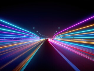Obraz premium Neon light trails on highway at night low angle view futuristic transport technology concept