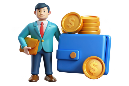 3d cartoon businessman with wallet and gold coins finance investment savings success concept illustration isolated on transparent background