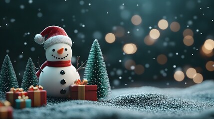 Cute 3D snowman wearing a Santa hat surrounded by Christmas trees and gift boxes on festive winter background, joyful holiday scene with copy space for seasonal greeting or design.