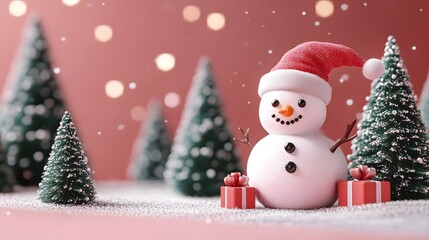 Cute 3D snowman wearing a Santa hat surrounded by Christmas trees and gift boxes on festive winter background, joyful holiday scene with copy space for seasonal greeting or design.