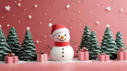 Cute 3D snowman wearing a Santa hat surrounded by Christmas trees and gift boxes on festive winter background, joyful holiday scene with copy space for seasonal greeting or design.