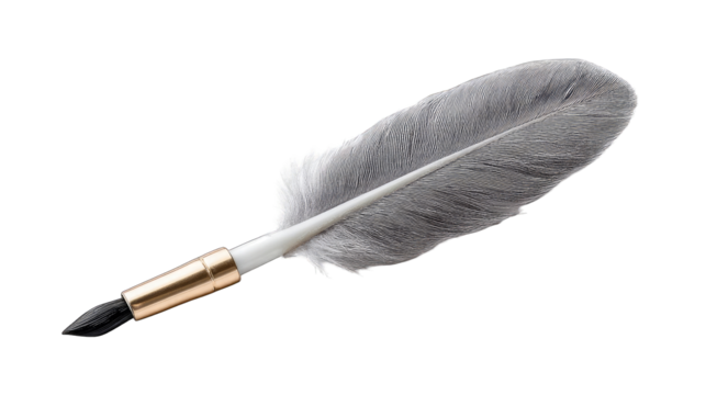 A Detailed Quill Pen With Black Ink Dipped Ready For Writing On A Clean White Background Showing Intricate Black and White Feather Pattern and Gold Nib Detail