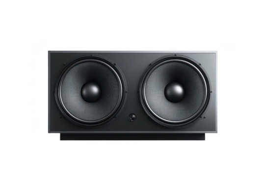 Dual loudspeaker audio system, professional studio monitor, sound equipment, music instrument, black speaker isolated on transparent background
