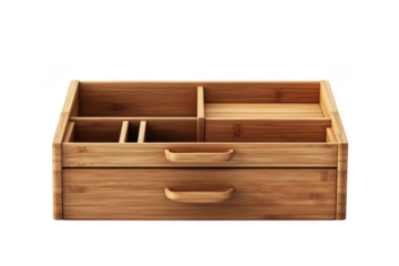 Wooden bamboo drawer organizer storage box container desk makeup cosmetic holder isolated on transparent background