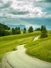 Hiking path in Dramatic landscape in the Dolomites, Italy. Green alpine meadows, wooden huts, and majestic mountains under a mix of sunlight and storm clouds — pure natural harmony and power.