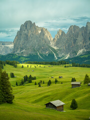 Dramatic landscape in the Dolomites, Italy. Green alpine meadows, wooden huts, and majestic mountains under a mix of sunlight and storm clouds — pure natural harmony and power.