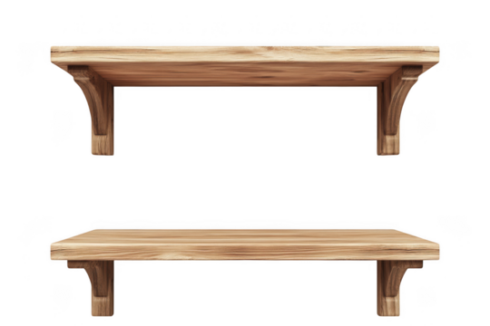 Wooden wall shelf set rustic floating shelves home decor kitchen shelving display storage organizer isolated on transparent background