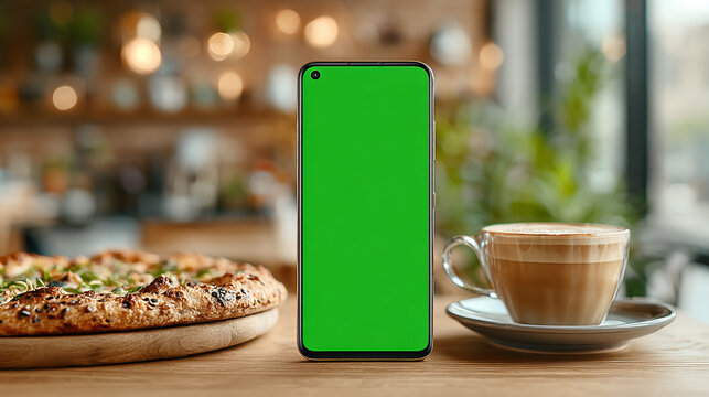 Smartphone with green screen on table with pizza and coffee cup. - Powered by Adobe