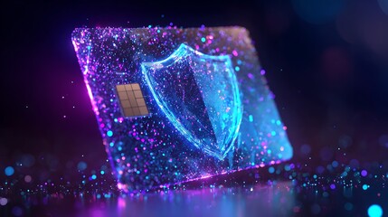 credit card protected by digital shield, cyber security concept, holographic particles, glowing blue and purple light, futuristic fintech protection