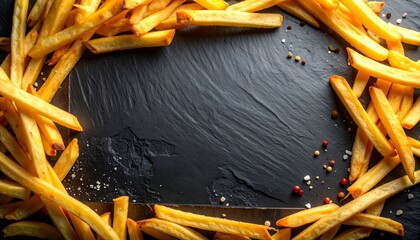 Golden French fries arranged in a rectangular frame on dark surface with empty center space, ideal for food branding or creative presentation.