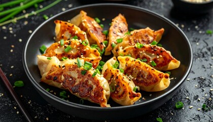 Golden pan-fried dumplings garnished with green onions and sesame seeds on black plate, with chopsticks and fresh ingredients on dark surface.