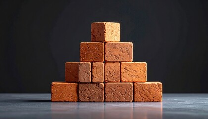 Symmetrical red brick pyramid on light surface with white background, showcasing geometric progression and structural balance.