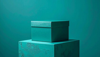 Minimalist turquoise box with lid casting diagonal shadow on matching turquoise background, emphasizing light, form, and monochromatic design.