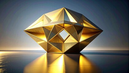Abstract golden sculpture with angular shapes and internal illumination on minimalist floor, blending modern design, light, and reflective surfaces.