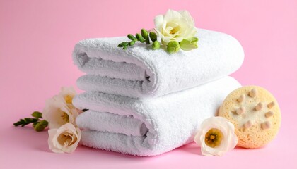 Stack of folded towels in white, pink, and gray with bath sponge and white flowers on pink background, evoking spa-like calm and cleanliness.
