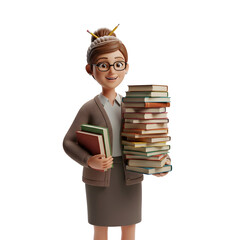 Cartoon teacher holding a stack of books 3D rendering of a friendly woman with glasses perfect for education and back-to-school concepts