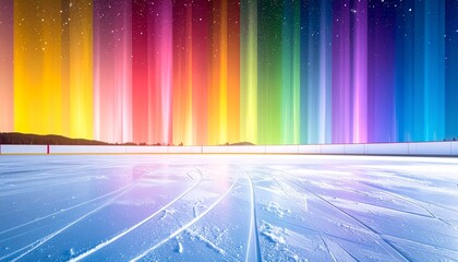 Vibrant abstract digital artwork with rainbow gradient, vertical light streaks, and geometric reflections on a futuristic surface.