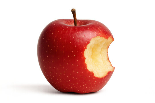 Red bitten apple with exposed yellow flesh, symbolizing diet, healthy eating, temptation, and freshness on transparent background