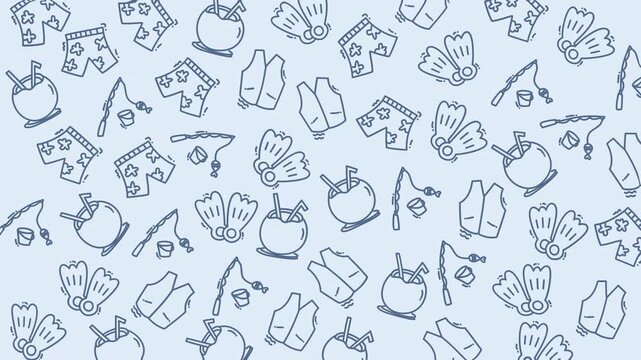 Pattern holiday doodles in vibrant blue summer beach background suitable for festive summer designs, invitations, stationery, and travelthemed decorations.
