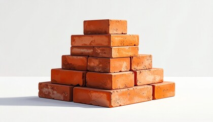 Symmetrical red brick pyramid on light surface with white background, showcasing geometric progression and structural balance.