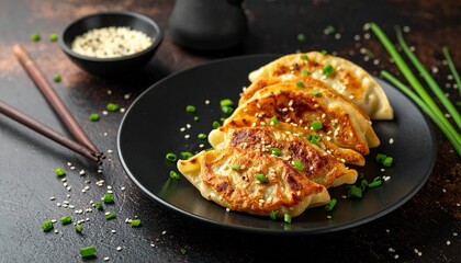 Golden pan-fried dumplings garnished with green onions and sesame seeds on black plate, with chopsticks and fresh ingredients on dark surface.