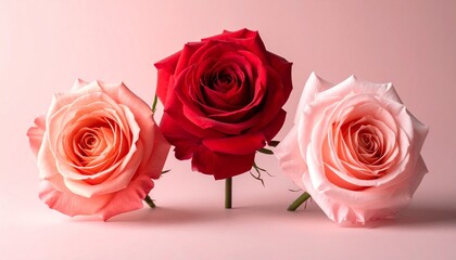 Three blooming roses—deep red center flanked by light pink roses—against soft pink background, emphasizing symmetry, contrast, and floral elegance.