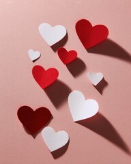 Scattered Red and White Paper Hearts with Dramatic Shadows on Soft Pink Background.