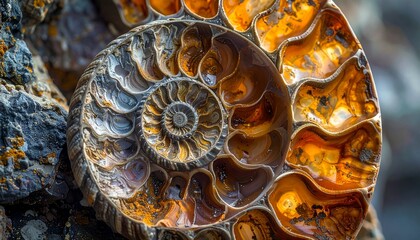 Polished spiral ammonite fossil with segmented chambers in orange and brown minerals, set in rock matrix highlighting its prehistoric structure.