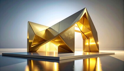 Abstract golden sculpture with angular shapes and internal illumination on minimalist floor, blending modern design, light, and reflective surfaces.
