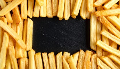 Golden French fries arranged in a rectangular frame on dark surface with empty center space, ideal for food branding or creative presentation.