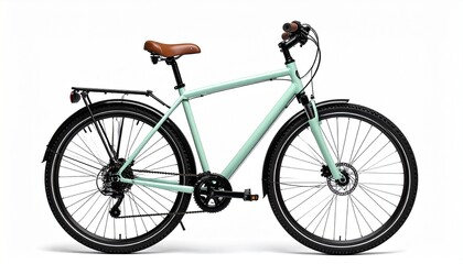 Teal urban bicycle with brown saddle and grips, white sidewalls, rear rack, and fenders, designed for stylish and practical city commuting.