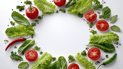 Fresh and Vibrant Salad Ingredient Circle Frame on White Surface. Ai Generated Images