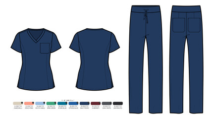 Professional Navy Blue Medical Scrubs Uniform Flat Sketch - V-Neck Top and Drawstring Pants