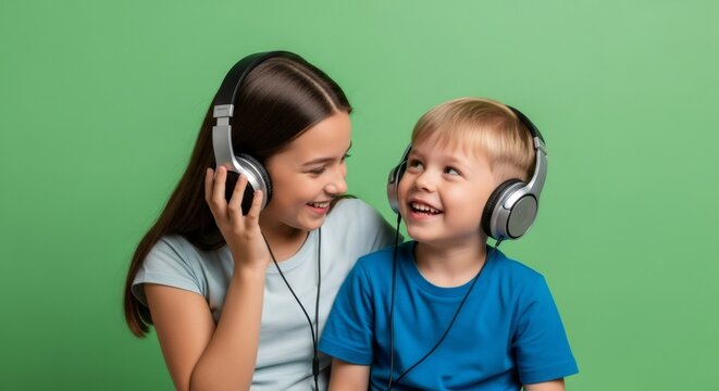 Woman girl and boy kid listening to music with happy smile on green screen chroma key background. Entertainment for children. - Powered by Adobe