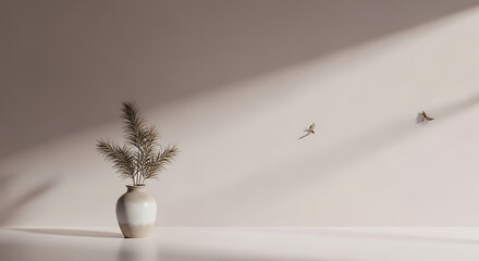 Minimalist interior with vase of greenery and birds in flight against a light wall casting shadows