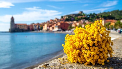 Scenic coastal town with vibrant buildings, turquoise sea, yellow flowers in terracotta pot, and mountain backdrop under a sunny sky.