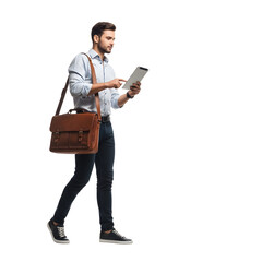Young professional man using a tablet while walking wearing a shoulder bag isolated on white background