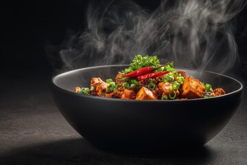 Steaming Bowl of Spicy Asian Cuisine, Dark Moody Lighting, Delicious Food Presentation.
