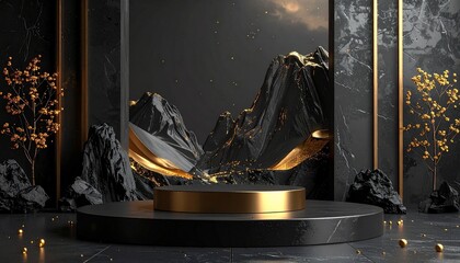 Luxurious black and gold display scene with circular platform, jagged golden mountains, marbled wall, and decorative tree-like elements in a surreal setting.