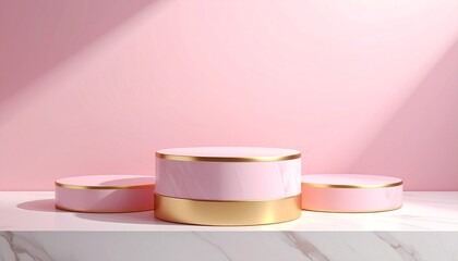 Minimalist pink and gold podiums on white marble with soft shadows, ideal for elegant product display in beauty or fashion settings.