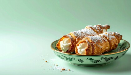 Two cannoli with golden-brown shells and green cream filling, dusted with powdered sugar on a floral plate in a softly lit, fresh setting.