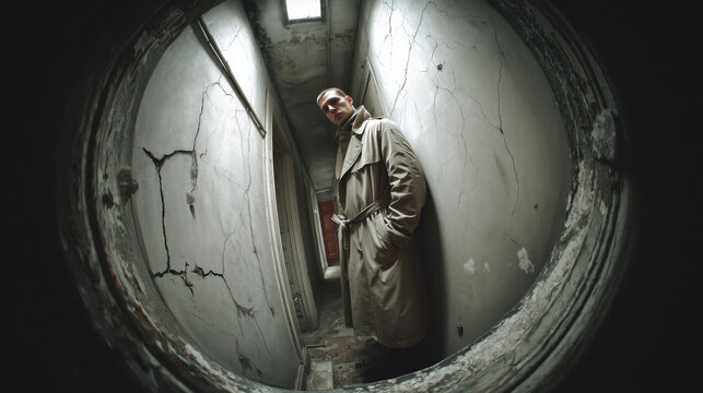 Fisheye shot of a suspicious man in a coat standing near a door in a dark hallway. Concept of danger, security, and urban crime alert