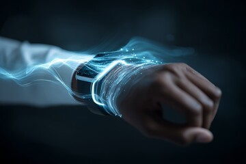 hand using smartwatch for contactless payment, glowing blue waves, futuristic digital finance, wearable tech