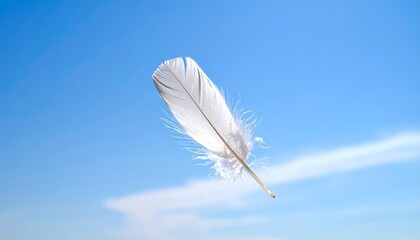 White feather floating against a clear blue sky with wispy clouds, symbolizing lightness, peace, and gentle motion.