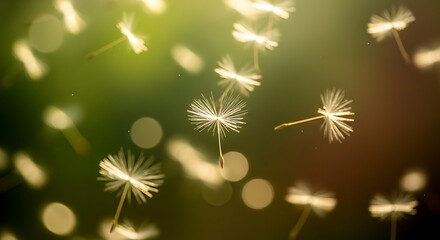 A soft focus shot of dandelion seeds floating in the air with a green and yellow bokeh background