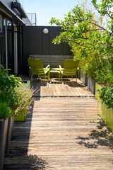 Loungebereich auf einer Dachterrasse mit Bambuspflanzen in Reinzinkgef&auml;&szlig;en und gr&uuml;nen St&uuml;hlen