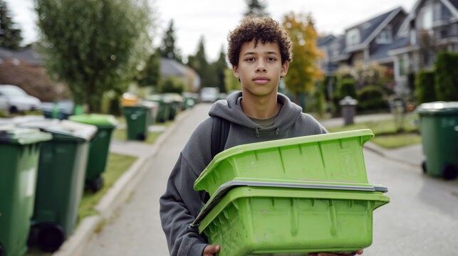 Teenager holding a green recycling bin on a residential street. Concept of eco awareness, sustainable lifestyle, and waste sorting action - Powered by Adobe