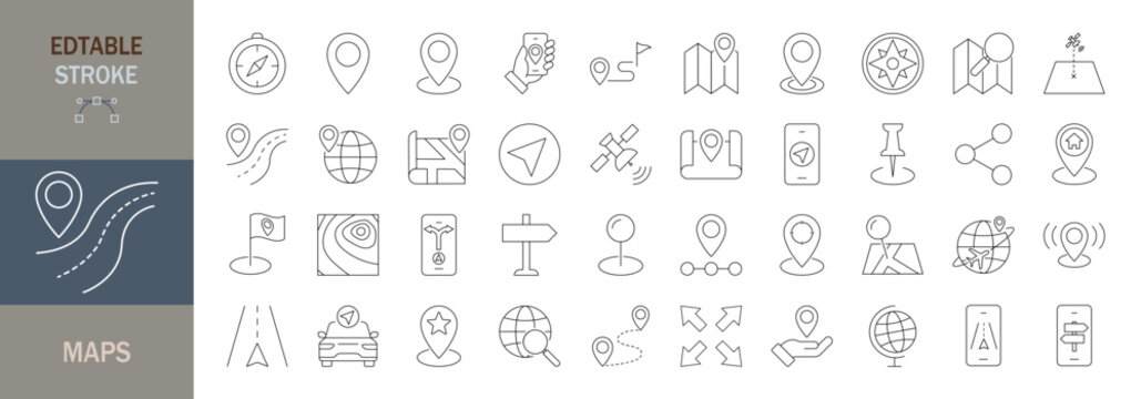 Maps icon set. Containing maps, location, navigation, direction, GPS, flag, destination, route, road and more. Editable line icons. Vector illustration.

